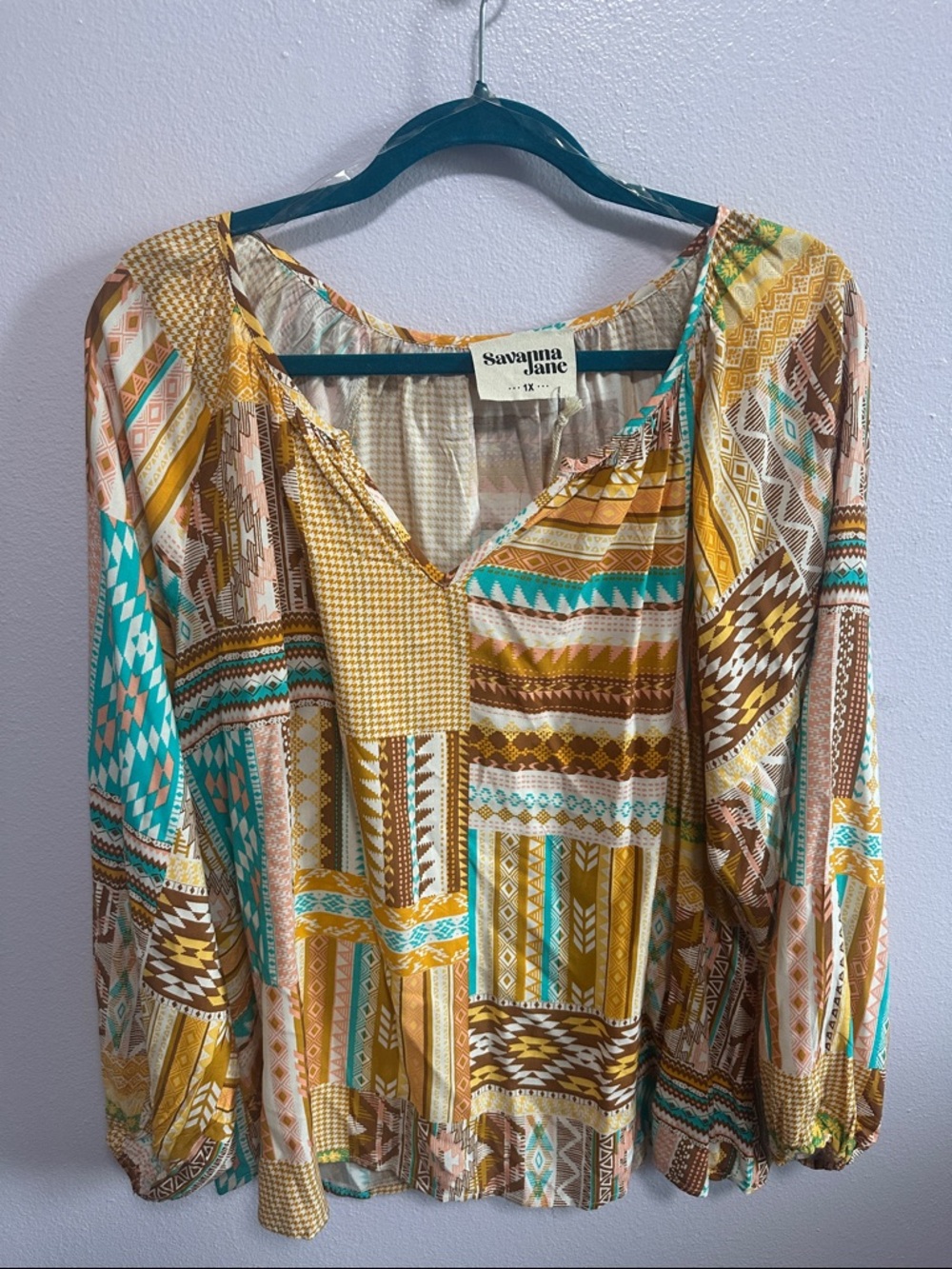 Savanna Jane Patchwork Geometric Peasant Blouse in Mustard & Teal - Picture 3 of 4